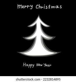 Outline cartoon Christmas tree with inscription Merry Christmas and Happy New Year. Xmas greeting card.