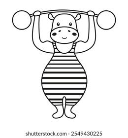 outline cartoon circus hippopotamus, strong muscular athlete lifts the barbell, flat vector animal character with heavy metal barbell