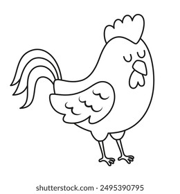 outline cartoon cock isolated on white, black and white flat vector illustration for kids