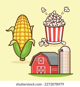 outline cartoon corn red barn silo popcorn design vector illustration