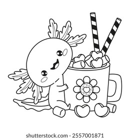 Outline cartoon Cute Axolotl with festive cup Hot Cocoa with Marshmallows, hearts and candy. Smiling funny little kawaii character. Line drawing, coloring book. Vector illustration. Kids collection