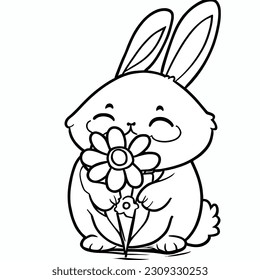 outline of cartoon cute little rabbit with the big flower. Colorful vector illustration, summer coloring book for kids.