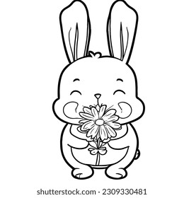 outline of cartoon cute little rabbit with the big flower. Colorful vector illustration, summer coloring book.
