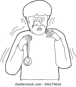 Outline cartoon of distraught man holding medal