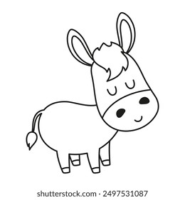 outline cartoon donkey isolated on white background, vector illustration of cute animal, sketch of farm animal character