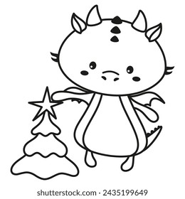 outline cartoon dragon with christmas tree, black and white flat vector illustration