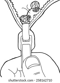 Outline cartoon of fly hiding inside open zipper