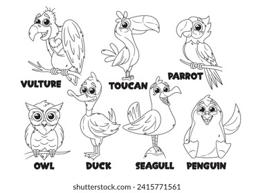 Outline Cartoon Funny Bird Characters Monochrome Icons Set. Vulture, Toucan, Parrot and Owl, Duck, Seagull or Penguin