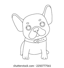 Outline cartoon funny french dog for coloring book. Cute puppy with collar