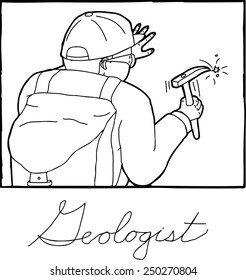 Outline cartoon of geologist working with rock hammer