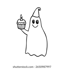 Outline cartoon ghost with party hat holding a cupcake with a lit candle on happy