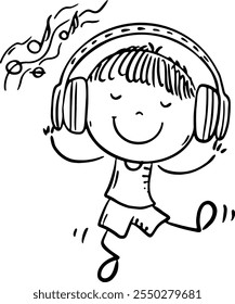 Outline cartoon girl listen to music and dancing, kid using headset, doodle child and electronic device, digital technology