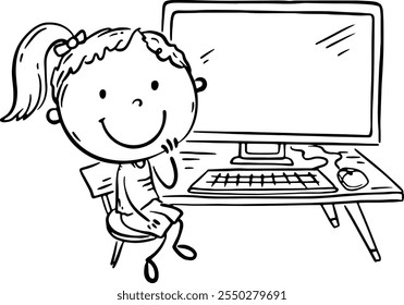 Outline cartoon girl working and studying using desktop computer. Doodle child using digital technology, electronic devices