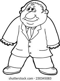 Outline cartoon of grinning businessman over white