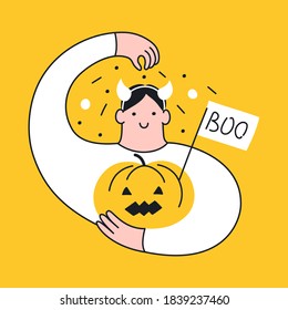 Outline cartoon guy in Halloween carnival costume and a cute pumpkin head jack lantern in his hands sprinkles himself with candies and confetti.Flat line vector isolated vector on yellow.