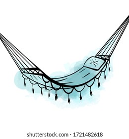 Outline cartoon hammock with boho decorations and pillows on blue watercolor stain. Rest and relax. Vector contour object for animation, cards and your creativity.