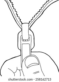 Outline cartoon of hand unzipping zipper over white