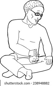 Outline cartoon of handsome man with cat in his lap