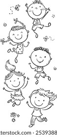 Anuncio de Vertical de dibujos animados de niños felices. Elemento de diseño con niños pequeños divertidos. Ilustración en blanco y negro