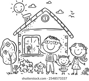 Outline cartoon illustration of happy family with daughter standing in a row near house in garden. Parents with child and puppy standing outdoor