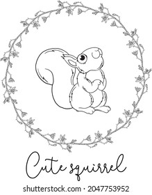 Outline cartoon illustration of a squirrel. Black and white drawing. Squirrel.