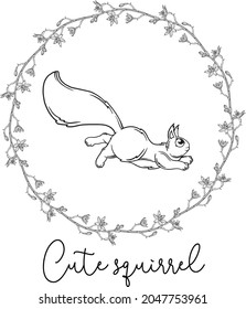Outline cartoon illustration of a squirrel. Black and white drawing. Squirrel.