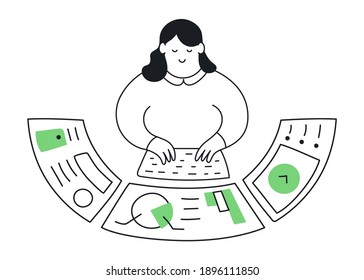 Outline cartoon lady working with the difficult control system, dashboard with charts, analytical information, technological platform. Flat line isolated editable vector illustration on white.