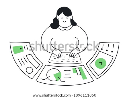 Outline cartoon lady working with the difficult control system, dashboard with charts, analytical information, technological platform. Flat line isolated editable vector illustration on white.