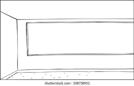 Outline cartoon of large room with wide window