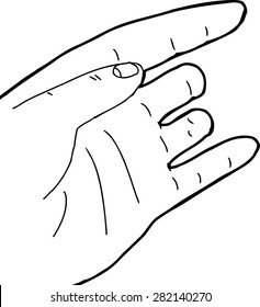 Outline cartoon of left hand with two missing fingers