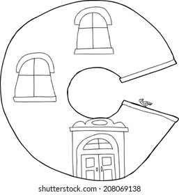 Outline cartoon letter C apartment shape drawing
