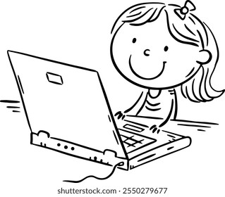 Outline cartoon little girl working and studying using nootbook. Doodle kid using digital technology, electronic devices