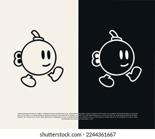 Outline cartoon logo design - mascot character.  Flat vector collection isolated on white and black background.