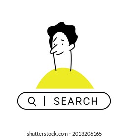Outline cartoon man . Curious man with search bar, looking for something in the internet. Business, search, research, development, web surfing concept.