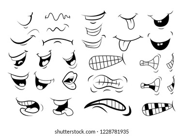 Outline Cartoon Mouth Set . Tongue, Smile, Teeth. Expressive Emotions. Simple Flat Design Isolated On White Background