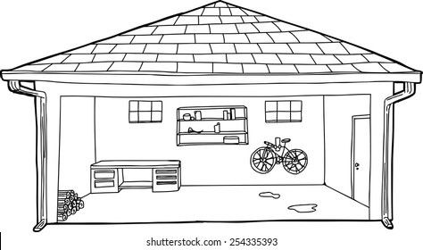 Outline Cartoon Of Open Residential Garage With Bike And Workbench