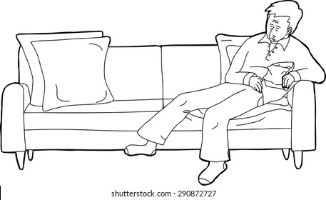 Outline cartoon of person sleeping on sofa with snack