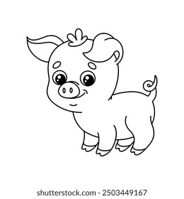 Outline cartoon piglet. Contour cute piggy. Black and white farm baby pig. Vector illustration of the farm animal isolated on white background. Perfect for kids coloring book.