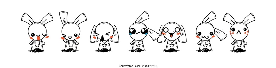 Outline Cartoon Rabbits. Emoticons, doodle faces, eyes and mouth. Caricature comic expressive emotions, smiling, crying and surprised character face expressions. Isolated vector illustration icons set