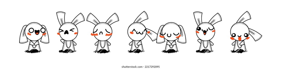 Outline Cartoon Rabbits. Emoticons, doodle faces, eyes and mouth. Caricature comic expressive emotions, smiling, crying and surprised character face expressions. Isolated vector illustration icons set