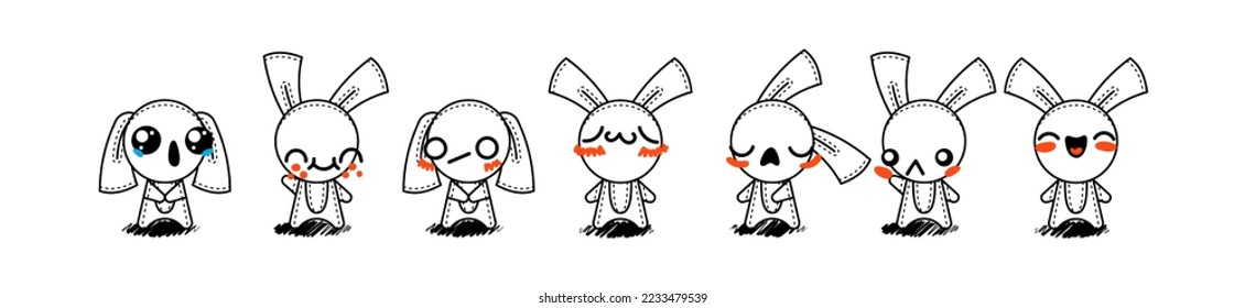 Outline Cartoon Rabbits. Emoticons, doodle faces, eyes and mouth. Caricature comic expressive emotions, smiling, crying and surprised character face expressions. Isolated vector illustration icons set