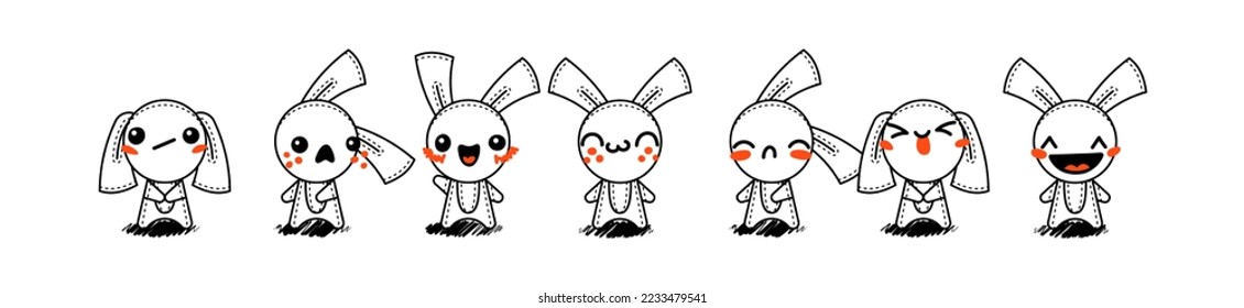Outline Cartoon Rabbits. Emoticons, doodle faces, eyes and mouth. Caricature comic expressive emotions, smiling, crying and surprised character face expressions. Isolated vector illustration icons set