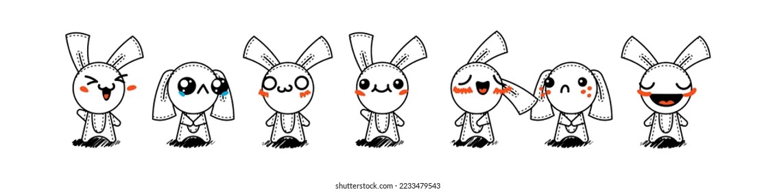 Outline Cartoon Rabbits. Emoticons, doodle faces, eyes and mouth. Caricature comic expressive emotions, smiling, crying and surprised character face expressions. Isolated vector illustration icons set
