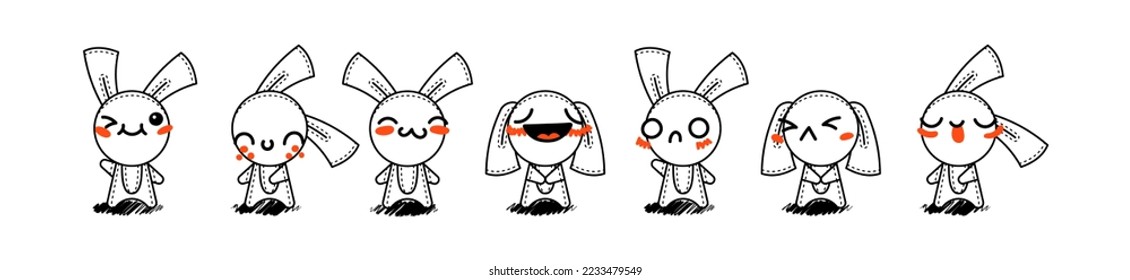 Outline Cartoon Rabbits. Emoticons, doodle faces, eyes and mouth. Caricature comic expressive emotions, smiling, crying and surprised character face expressions. Isolated vector illustration icons set