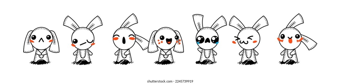 Outline Cartoon Rabbits. Emoticons, doodle faces, eyes and mouth. Caricature comic expressive emotions, smiling, crying and surprised character face expressions. Isolated vector illustration icons set