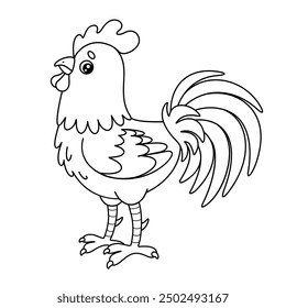 Outline cartoon rooster. Contour cute cock. Black and white farm bird. Vector illustration isolated on white background. Perfect for kids coloring book.