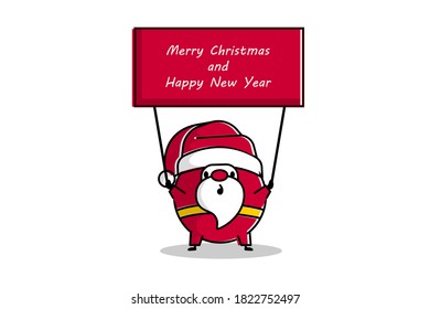 Outline cartoon Santa Claus hold flag for text Merry Christmas greetings. Simple vector illustration for Christmas holiday. Trendy line art Santa with announcements tag.