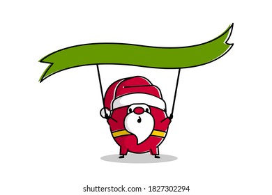 Outline cartoon Santa Claus hold flag for Merry Christmas greetings. Simple vector illustration for Christmas holiday. Trendy line art Santa with announcements tag.