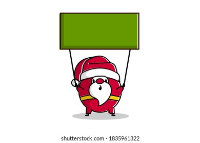 Outline cartoon Santa Claus hold flag for Merry Christmas greetings. Simple vector illustration for Christmas holiday. Trendy line art Santa with announcements tag.