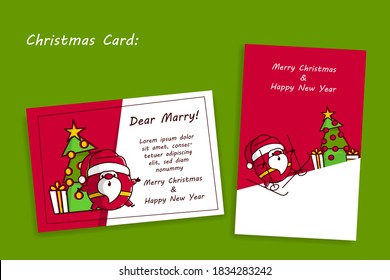 Outline cartoon Santa Claus post card mockup for Merry Christmas greetings. Simple vector illustration for Christmas holiday. Trendy line art Santa in red costume with red gift bag